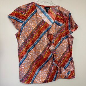 Lane Bryant Orange Blue Animal Print Ruffle Front V-Neck Blouse Top 18/20